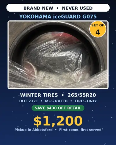Brand new, never used set of 4 Yokohama iceGUARD G075 winter tires. Still in the plastic wrap. Size...
