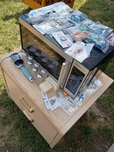 For sale wooden shorts black tables $25 , Blue Wooden pallet $25 , toaster oven $20 , brand new wind...