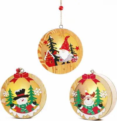 New Set of 3 Wooden Round Christmas Ornaments with Light-Up Feat, View more