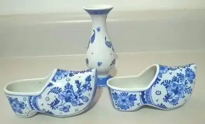 Vintage Delft Blue Floral Clog Shoes & Vase Hand Painted, View more