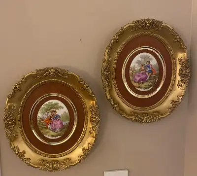 2 Vintage Fragonard Gold Porcelain Inlay wall hangings. 12”x10”., View more
