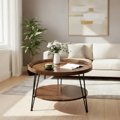 Modern Round 2-Tier Wood Coffee Table with Metal Legs 60/60/60cm, View more