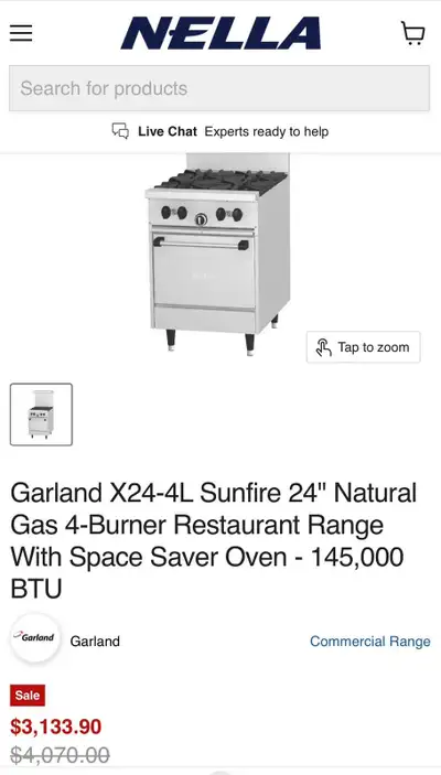 Garland Sunfire 24” commercial gas range with 4 burners and oven. Natural gas unit in good working c...