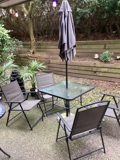 Patio Table Set, 4 Chairs, Table, Umbrella & Base, View more