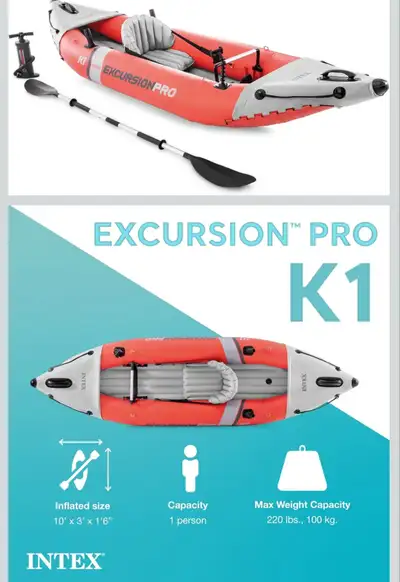 Selling our INTEX Excursion Pro K1 Inflatable Kayak Set and Accessory Kit, Air Pump, and Carry Bag f...