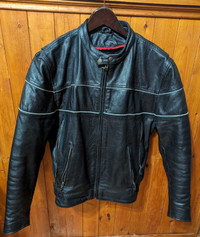 Heavy Leather Motorcycle Jacket (Black with Reflective Piping)