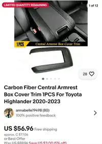 Armrest cover , carbon fiber, for Toyota 2020 to 2023