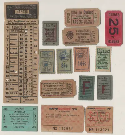 Collection Souvenirs de Quebec Billets tickets de Tramway Autobus Traversier de Levis et Autres 100,...