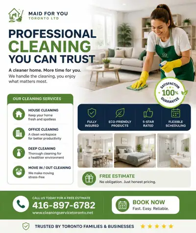 Cleaning lady available! 416-897-6782, View more