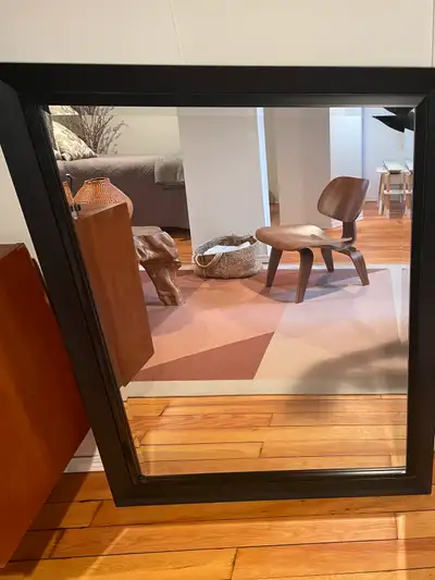 Larger black wood framed mirror - 36 1/2” by 45 1/2” with beveled edge in mirror. Ready to hang in y...