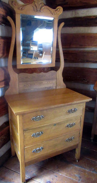 Antique 3 Drawer Dresser with Attached Beveled Mirror
