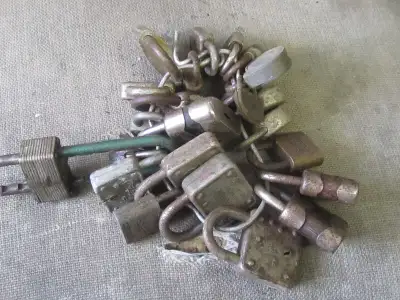 BUNCH OF OLD SOLID METAL PADLOCKS LOCKS $2 EA. ARTS & CRAFTS, View more