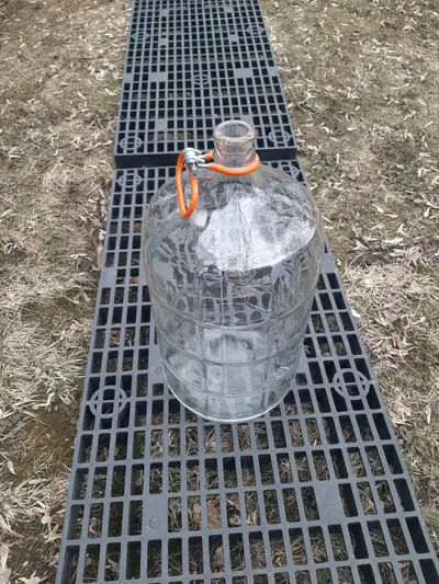 Bouteille en verre, 19 litres, avec poignée de transport, 18$. Argent comptant seulement