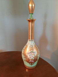 Bohemian Glass Gold /Green Hand Painted Enamel Flowers Decanter