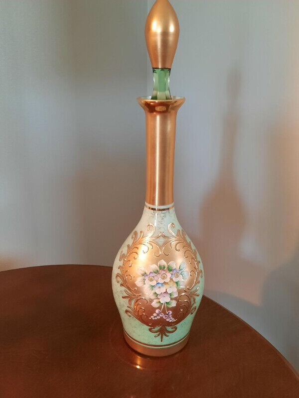Bohemian Glass Gold /Green Hand Painted Enamel Flowers Decanter in Other in City of Toronto