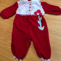 Vintage MiniTogs Newborn Red Corduroy Outfit with Lace Trim (0-1