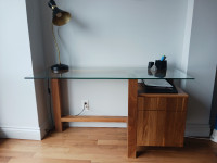 Bureau de travail, bois et verre + tiroir classeur