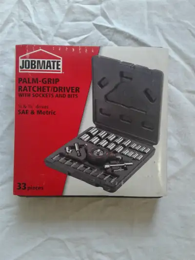 One, Brand New, Never Used, JOBMATE Palm-Grip Ratchet / Driver With Sockets and Bits. ¼ Inch and 3/8...