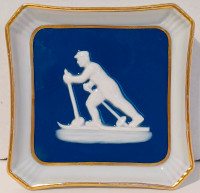 Limoges France Porcelain Trinket Tray White Cobalt Gold Trim Ski
