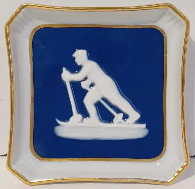 Limoges France Porcelain Trinket Tray White Cobalt Gold Trim Ski, View more