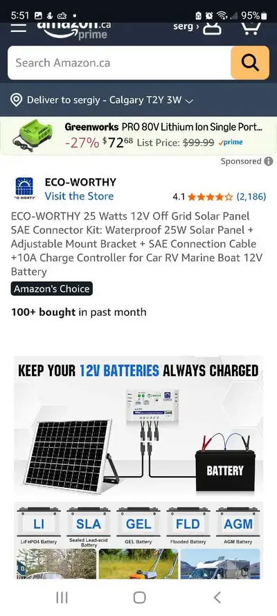 ECO-WORTHY 25 Watts 12V Off Grid Solar Panel SAE Connector Kit: Waterproof 25W Solar Panel + Adjusta...
