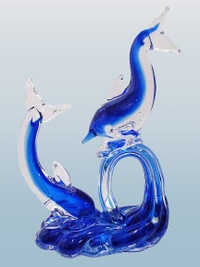 Murano Hand-Blown Glass Blue Dolphins Riding Waves Art Piece
