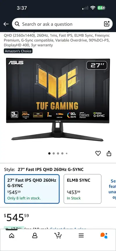 ASUS TUF Gaming 27" 1440PGaming Monitor (VG27AQM1A) - QHD (2560x, View more