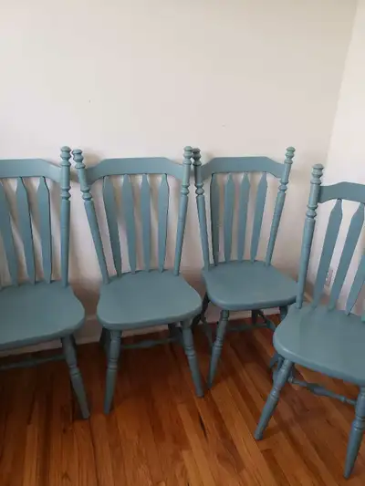 Beautiful solid wood antique oak chairs have been refinished in Dragonfly Blue by Behr and sealed wi...