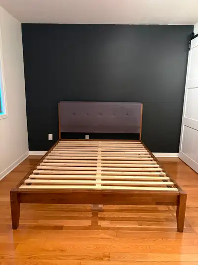Hayworth Upholstered Bed Frame (Dark Walnut) - Queen sized. Used for 3 years. Still in great shape....