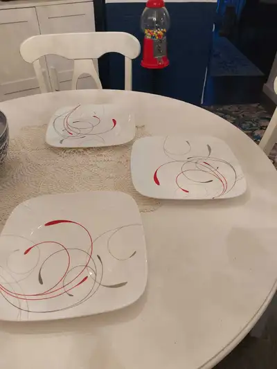 3 red and grey corelle dinner plates , View more