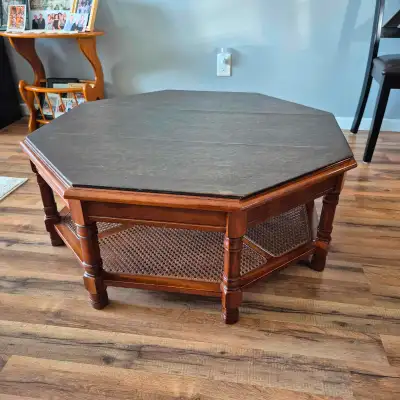 Octagon Glass Coffee Table with customized table pad. Ideal for a large rec room or family room. Ask...