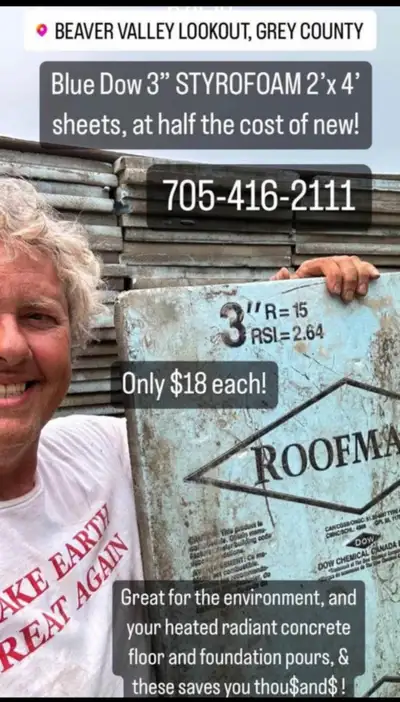 Grab a trailer load of over 400 used sheets of Blue Dow 2x4 rigid XPS 3-inch thick R15 Styrofoam, pe...
