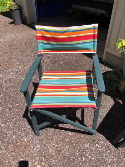 Four patio chairs. New fabric. Wooden frames. Need some reinforcing. Good for kids.