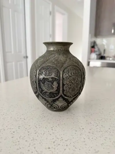 Vintage Dark Metal Vase with Embossed Pattern, View more