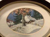 Vintage Cross Stitch of a Winter Country Scene Oval Wood Frame