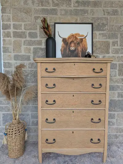 Vintage tiger oak tall dresser., View more