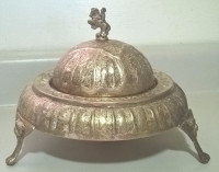 Antique Ornate Silver Metal Dome Butter Dish w/ 3 Legs Lion Head