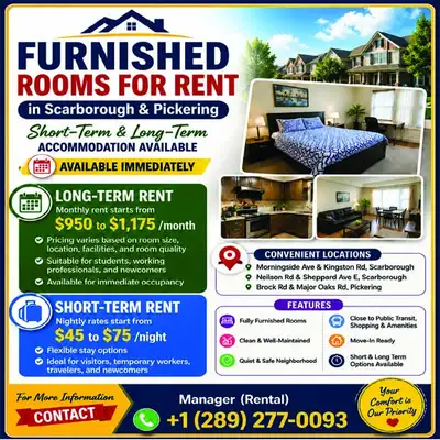 Are you looking for a clean, comfortable, and affordable place to stay in Pickering area? We are off...