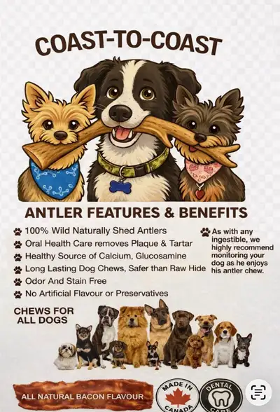 Our dog chews, made from naturally-shed moose,deer, and elk antlers carefully cut, sanded and infuse...