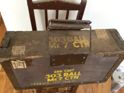 Military Large Ammo wood box 16” long, 9” high, 5” deep. Metal liner. $100.00 Small ammo metal box w...