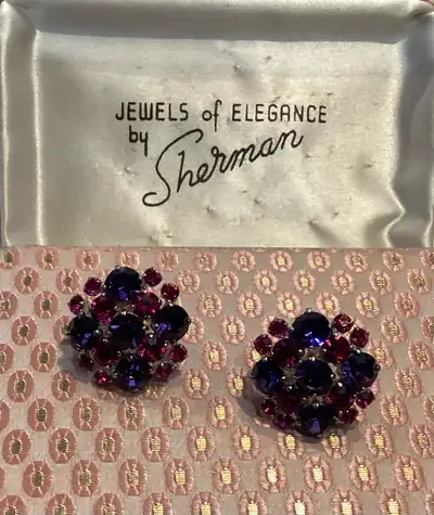 Rare SIGNED Vintage Sherman Purple & Fuchsia Earrings with Box!!, View more