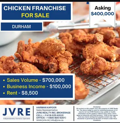 Chicken Franchise for Sale Asking Price: $400,000 Annual Sales: $700,000+ Net Income: ~$100,000/year...