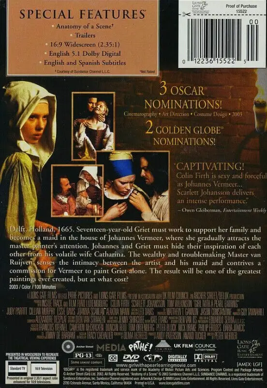 GIRL WITH A PEARL EARRING DVD 2003 Vermeer Firth Johannson in CDs, DVDs & Blu-ray in City of Montréal - Image 3