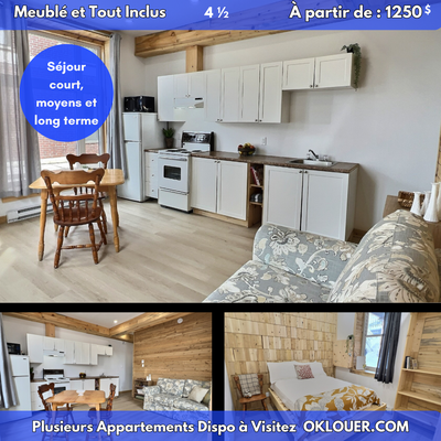 APPARTEMENT MEUBLÉ ET TOUT INCLUS Disponible dès maintenant à partir de 1250 $/mois Disponible pour...
