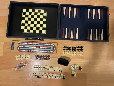 Chess, Checkers, Backgammon Dominoes, Cribbage case set $25, Games & Board Games, gently used Closed...