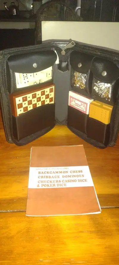 Travel size games, Back Gammon, Chess, Cribbage, Dominoes, Checkers, casino dice, poker dice