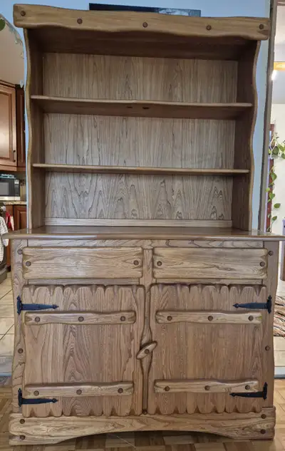 VINTAGE RUSTIC OAK WOOD 2-PIECE HUTCH WITH BLACK IRON HARDWARE, View more