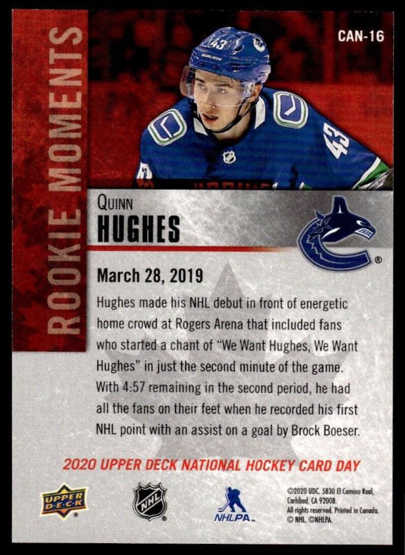 QUINN HUGHES ... National Hockey Card Day - 2020 … card # CAN-16 in Arts & Collectibles in City of Halifax - Image 2