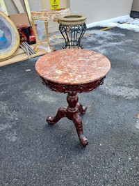 Vintage Carved Wood and Marble Pedestal Table 