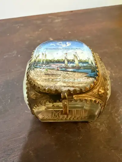 Antique Gilded Tin Bevel Glass Windowed Souvenir Jewelry Trinket, View more
